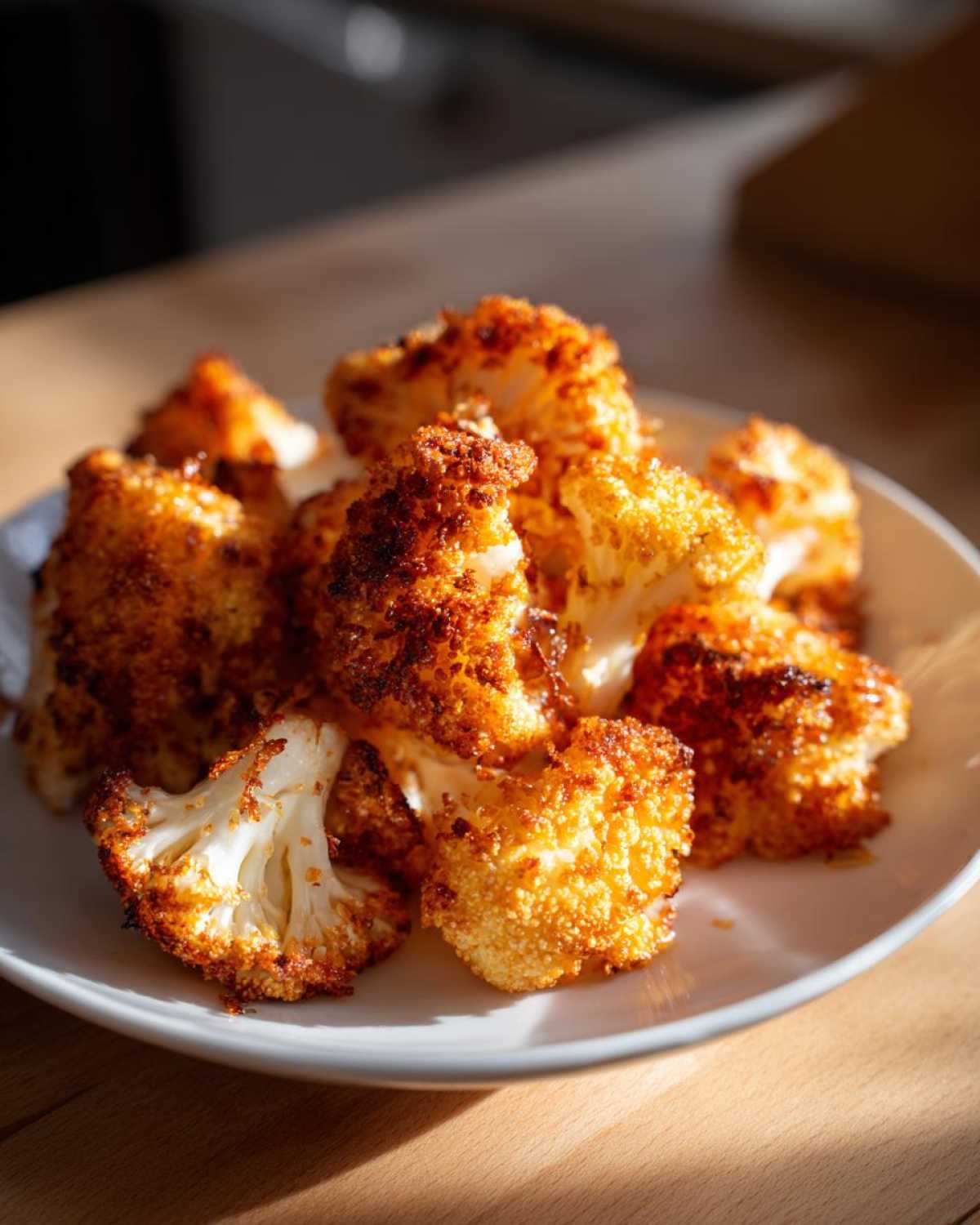 Close-up of golden brown, crispy Parmesan roasted cauliflower florets piled on a white plate.
