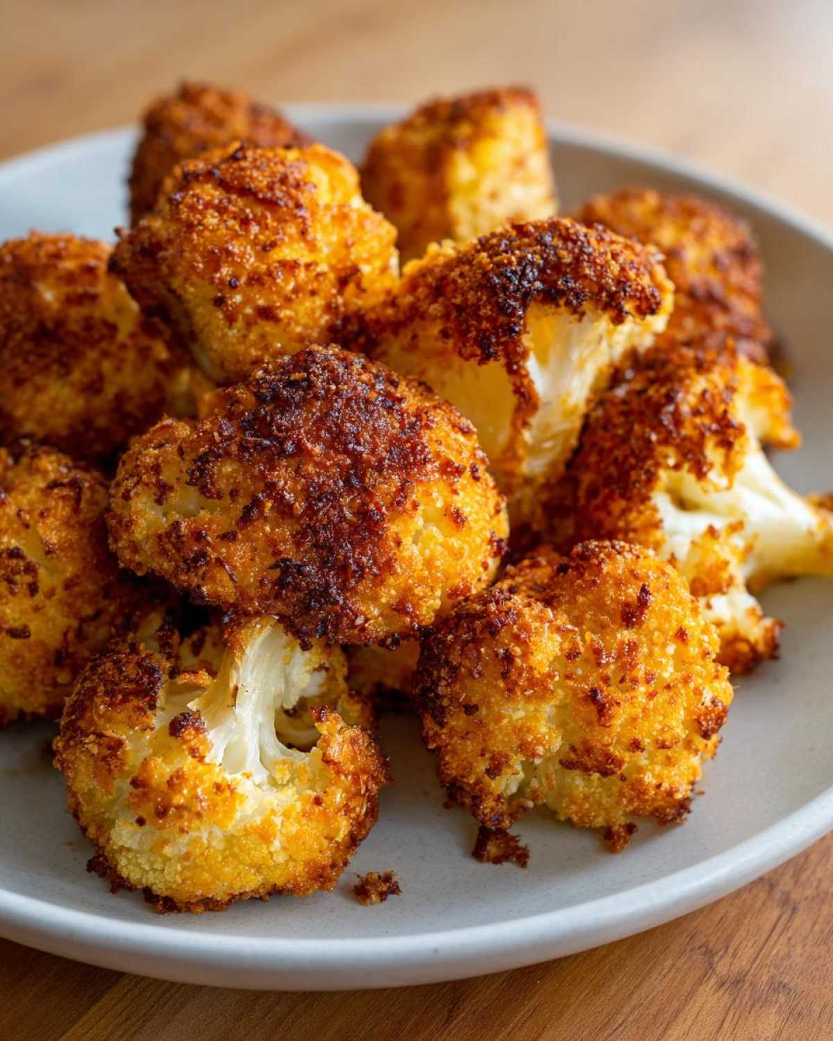 Close-up of golden brown, crispy Parmesan roasted cauliflower florets piled on a light gray plate.