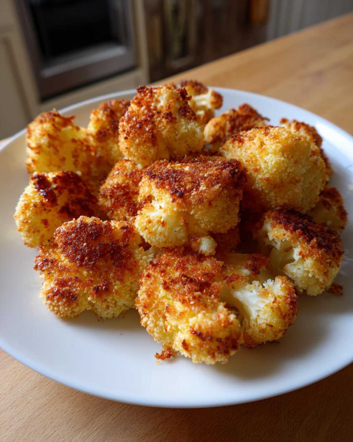 A white plate piled high with golden brown Crispy Parmesan Roasted Cauliflower florets.