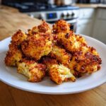 A white plate piled high with golden brown, crispy Parmesan roasted cauliflower florets.