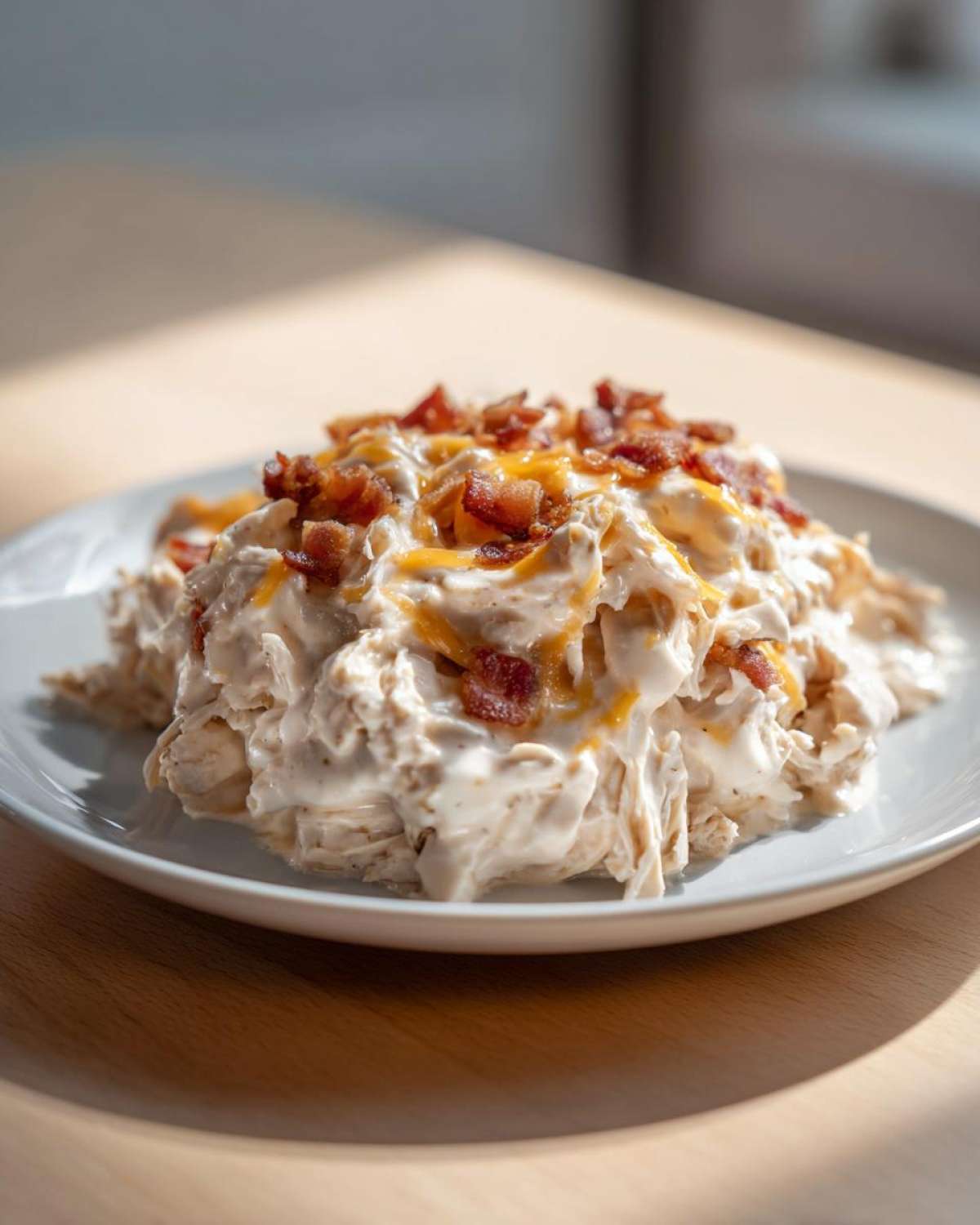 A serving of creamy Crockpot Crack Chicken topped with melted cheddar cheese and crispy bacon bits on a white plate.