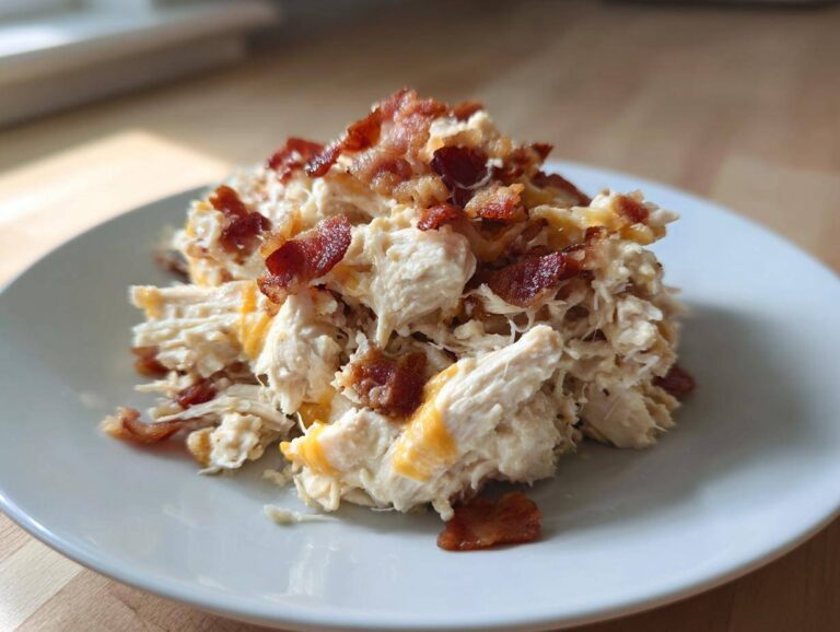 A mound of shredded Crockpot Crack Chicken (Bacon Cheddar Ranch) topped generously with crispy bacon pieces on a white plate.