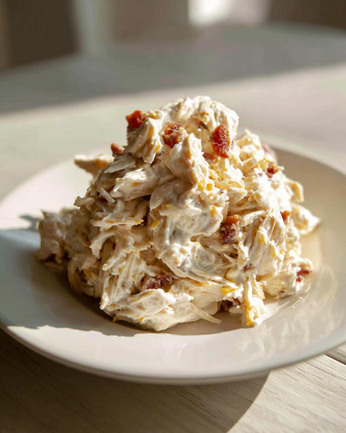 A mound of creamy Crockpot Crack Chicken (Bacon Cheddar Ranch) served on a white plate.