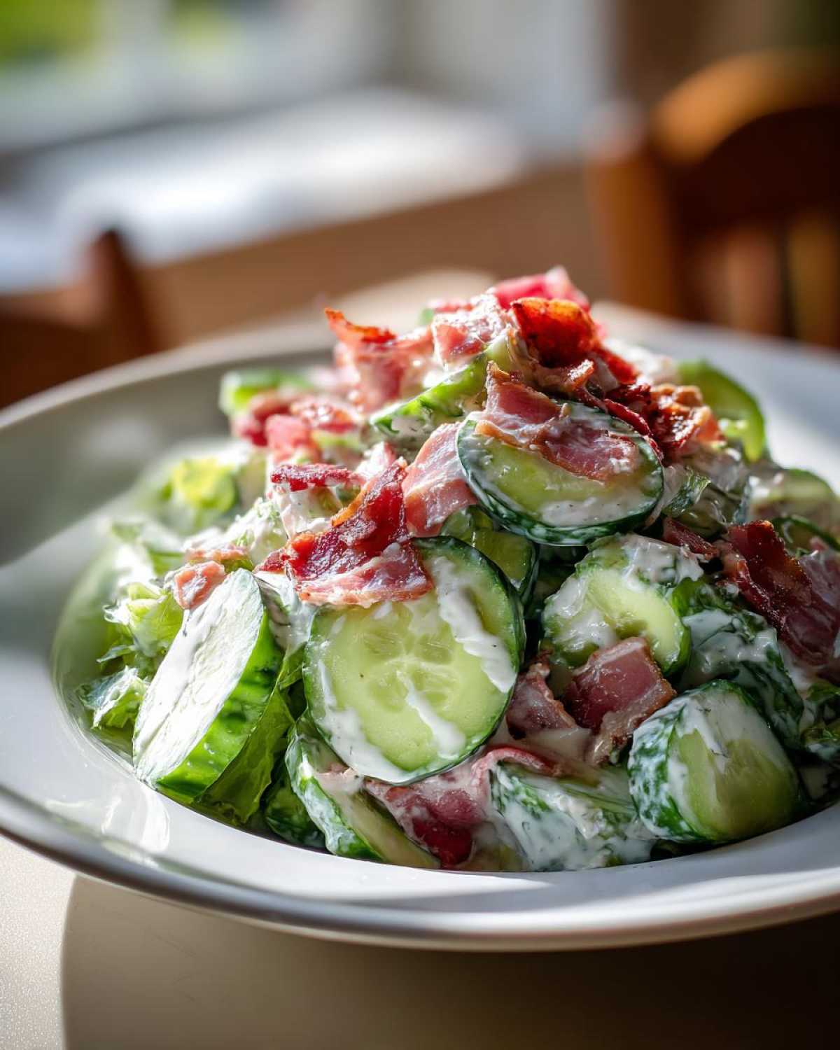 Close-up of a creamy Cucumber Bacon Ranch Salad featuring thick cucumber slices, crispy bacon bits, and lettuce, drizzled with ranch dressing.