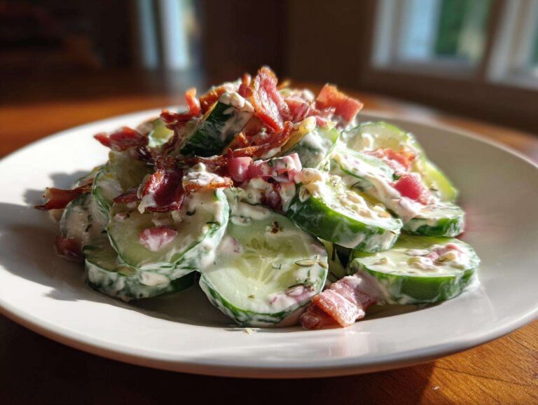 A close-up of fresh Cucumber Bacon Ranch Salad featuring creamy dressing and crispy bacon crumbles on a white plate.