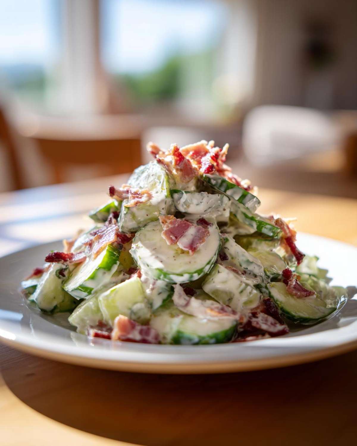 A mound of fresh Cucumber Bacon Ranch Salad featuring creamy dressing and crispy bacon pieces served on a white plate.