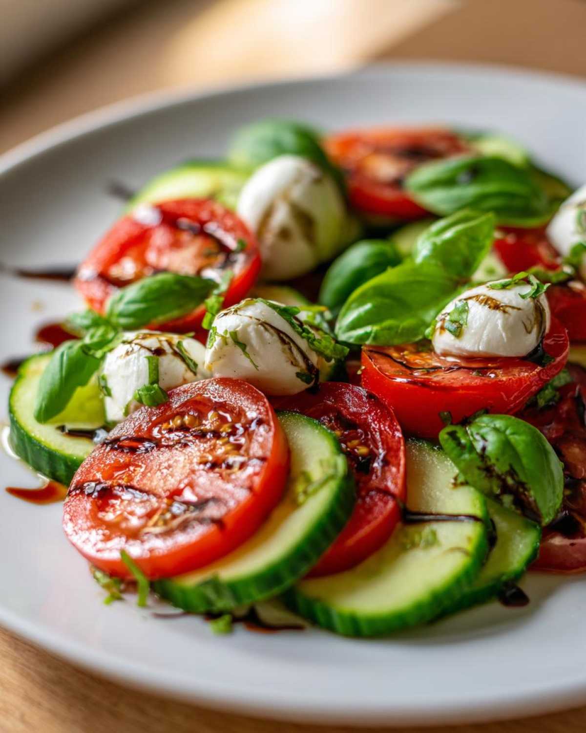 Close-up of a vibrant Cucumber Caprese Salad featuring sliced tomatoes, cucumbers, mozzarella balls, and basil drizzled with balsamic glaze.