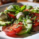 Close-up of a vibrant Cucumber Caprese Salad featuring sliced tomatoes, cucumbers, mozzarella balls, and fresh basil drizzled with balsamic glaze.