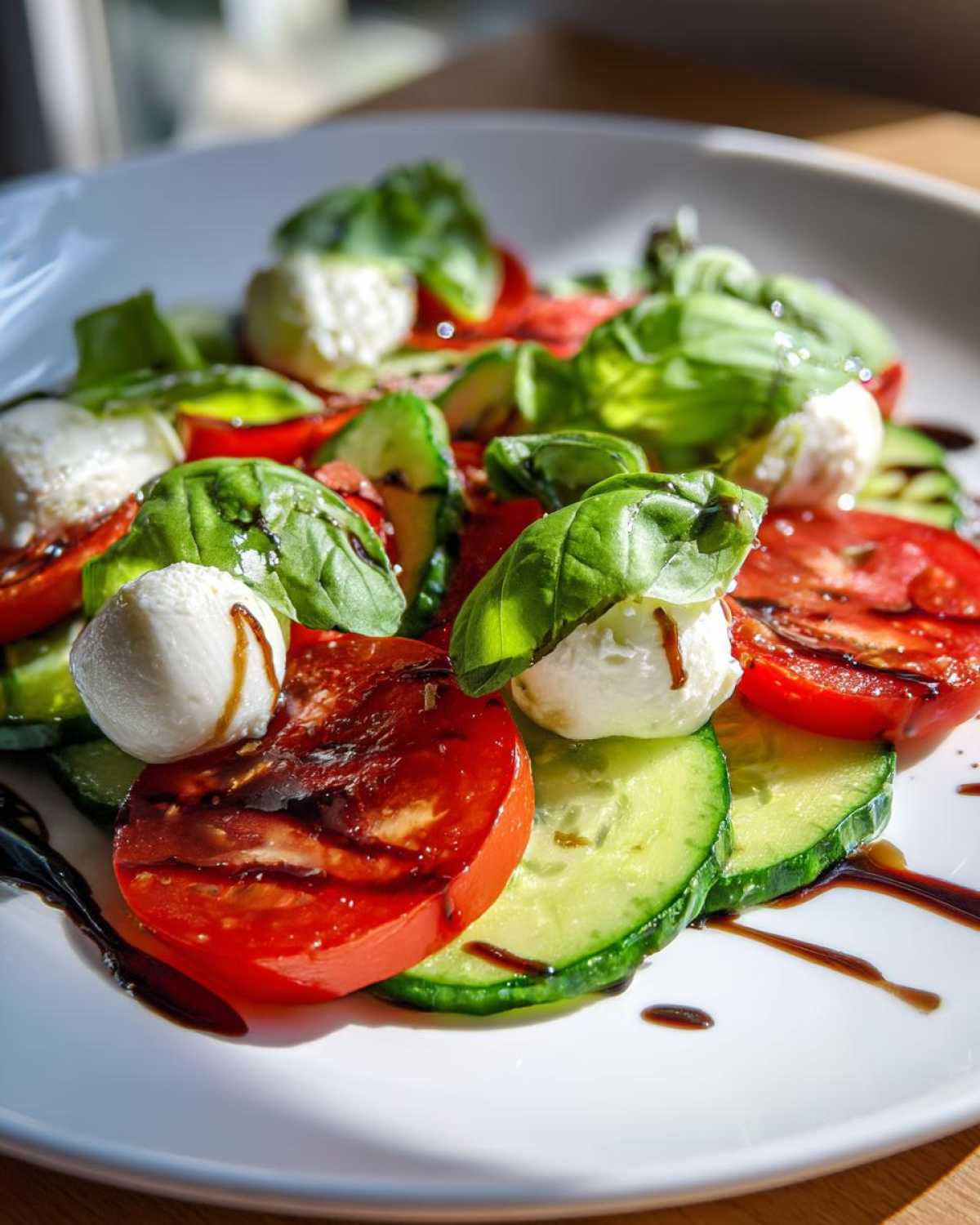 Close-up of a vibrant Cucumber Caprese Salad featuring sliced tomatoes, cucumbers, mozzarella balls, and fresh basil drizzled with balsamic glaze.