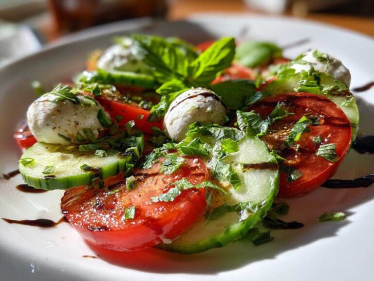 Close-up of a vibrant Cucumber Caprese Salad featuring sliced tomatoes, cucumbers, mozzarella balls, and fresh basil drizzled with balsamic glaze.