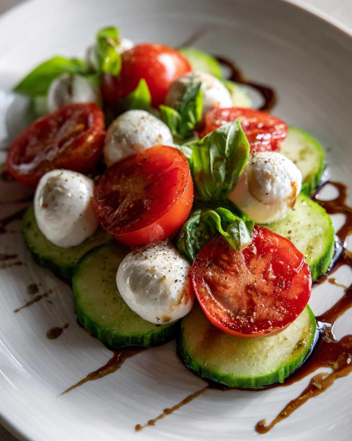 Close-up of a refreshing Cucumber Caprese Salad featuring cucumber slices, cherry tomatoes, mozzarella balls, and basil drizzled with balsamic glaze.