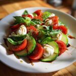 A vibrant Cucumber Caprese Salad featuring sliced cucumbers, tomatoes, mozzarella balls, and fresh basil, drizzled with balsamic glaze.