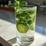 A tall glass filled with bubbly Cucumber Mint Sparkling Lemonade, garnished with fresh mint and a cucumber slice.