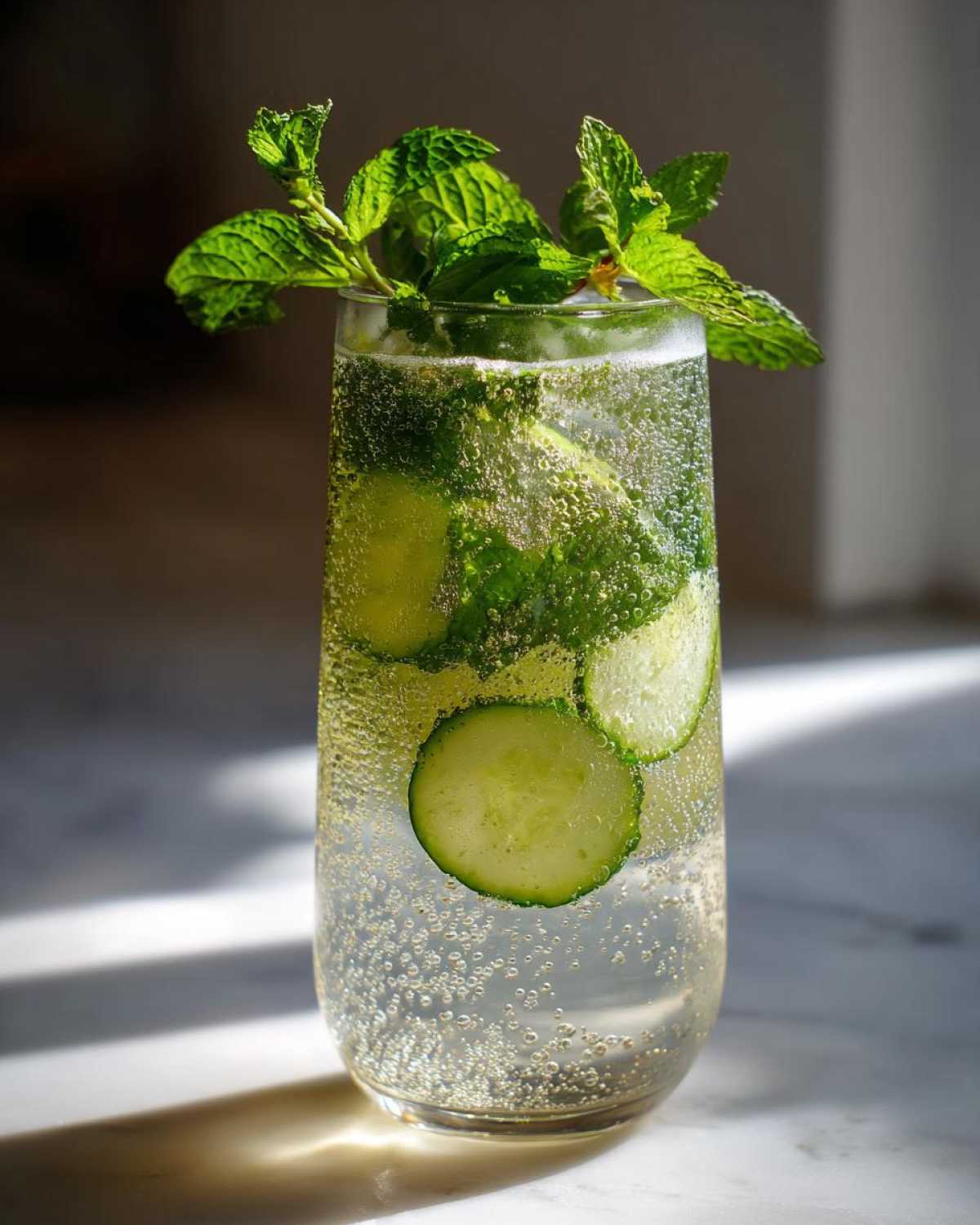 Tall glass filled with effervescent Cucumber Mint Sparkling Lemonade, featuring cucumber slices and fresh mint garnish.