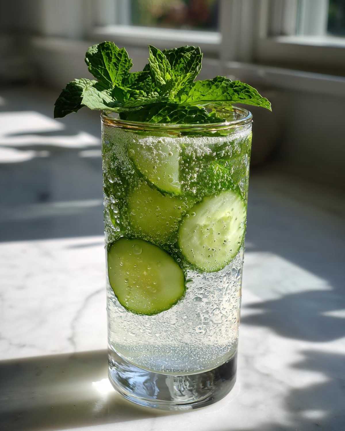 A tall glass filled with bubbly Cucumber Mint Sparkling Lemonade, garnished with fresh mint and cucumber slices.