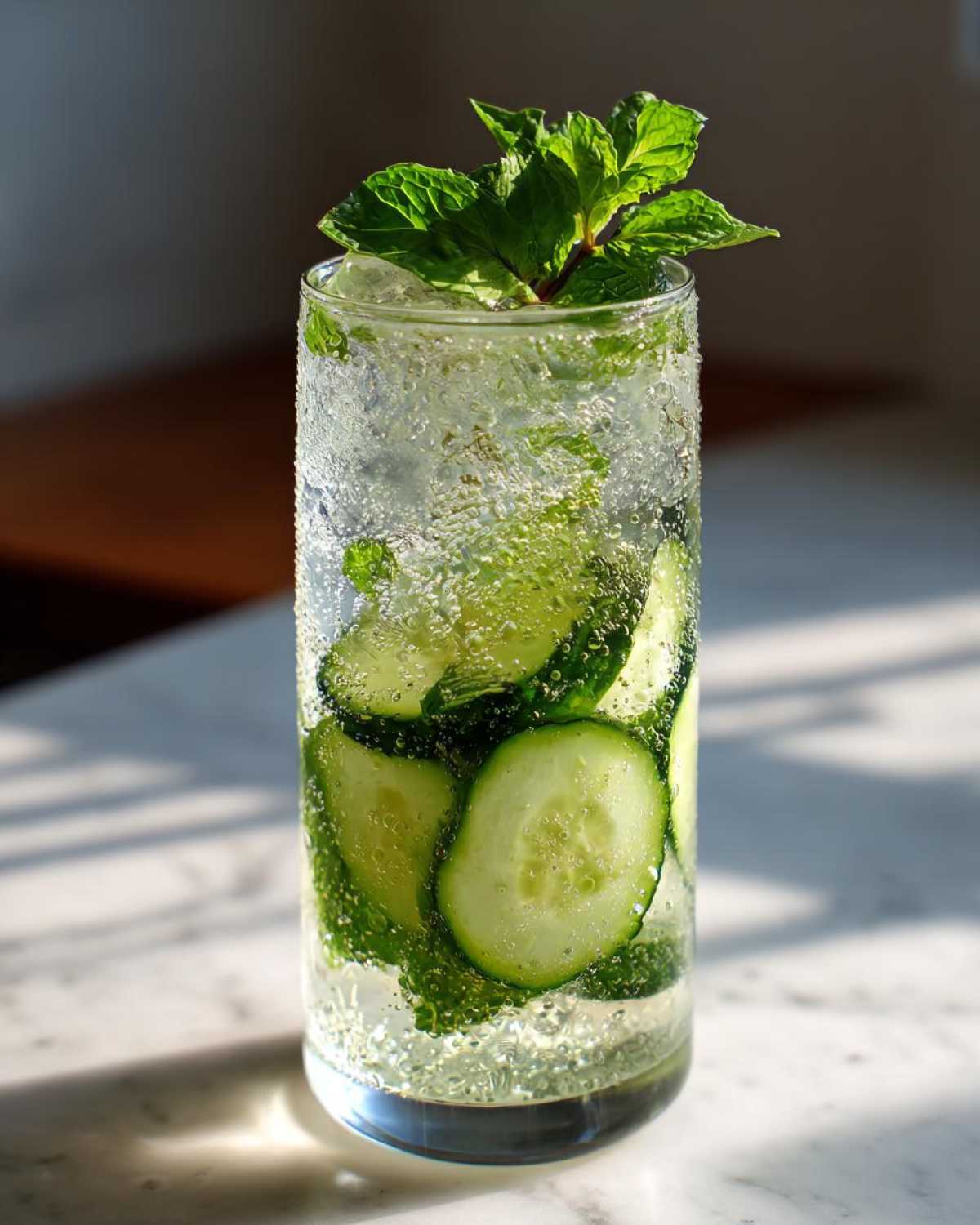 Close-up of a tall glass filled with Cucumber Mint Sparkling Lemonade, featuring cucumber slices and mint leaves.
