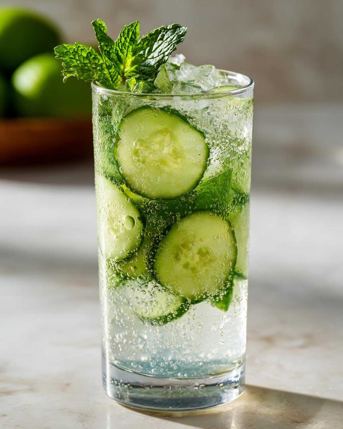 A tall glass filled with ice, sparkling water, cucumber slices, and mint leaves for Cucumber Mint Sparkling Lemonade.