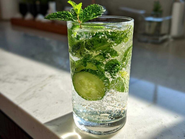 A tall glass filled with bubbly Cucumber Mint Sparkling Lemonade, garnished with fresh mint and a cucumber slice.