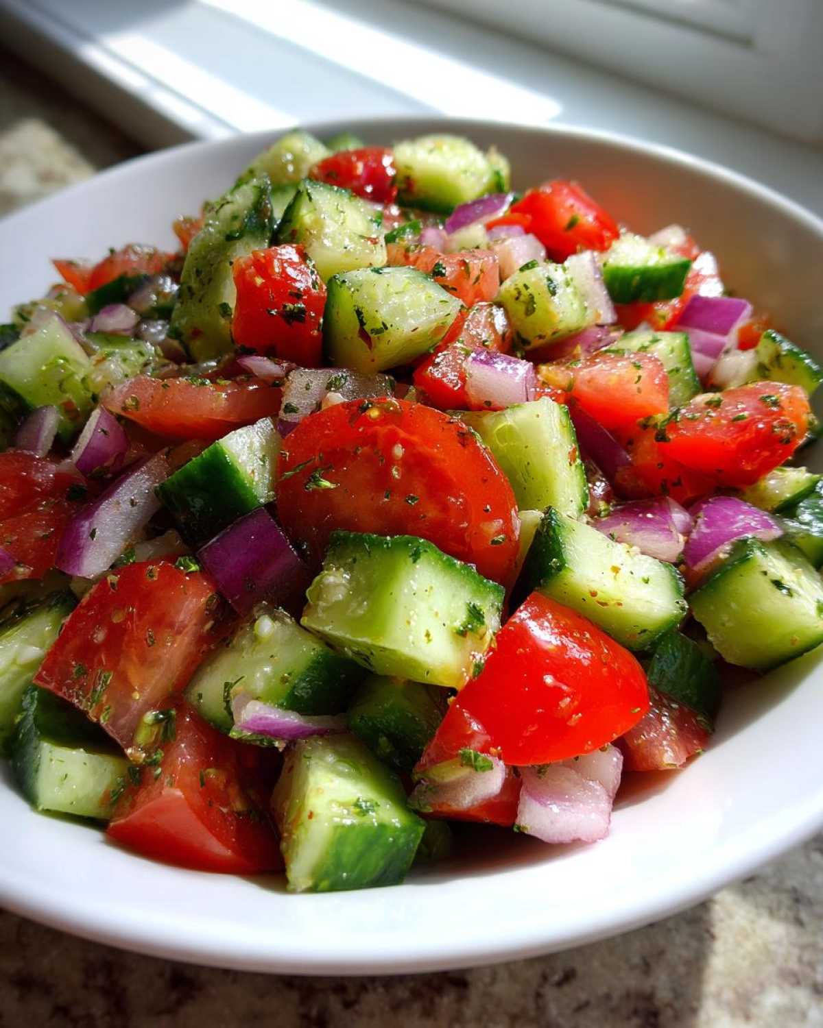 Close-up of a vibrant Cucumber Onion Tomato Salad with chopped cucumbers, red tomatoes, and purple onion in a white bowl.