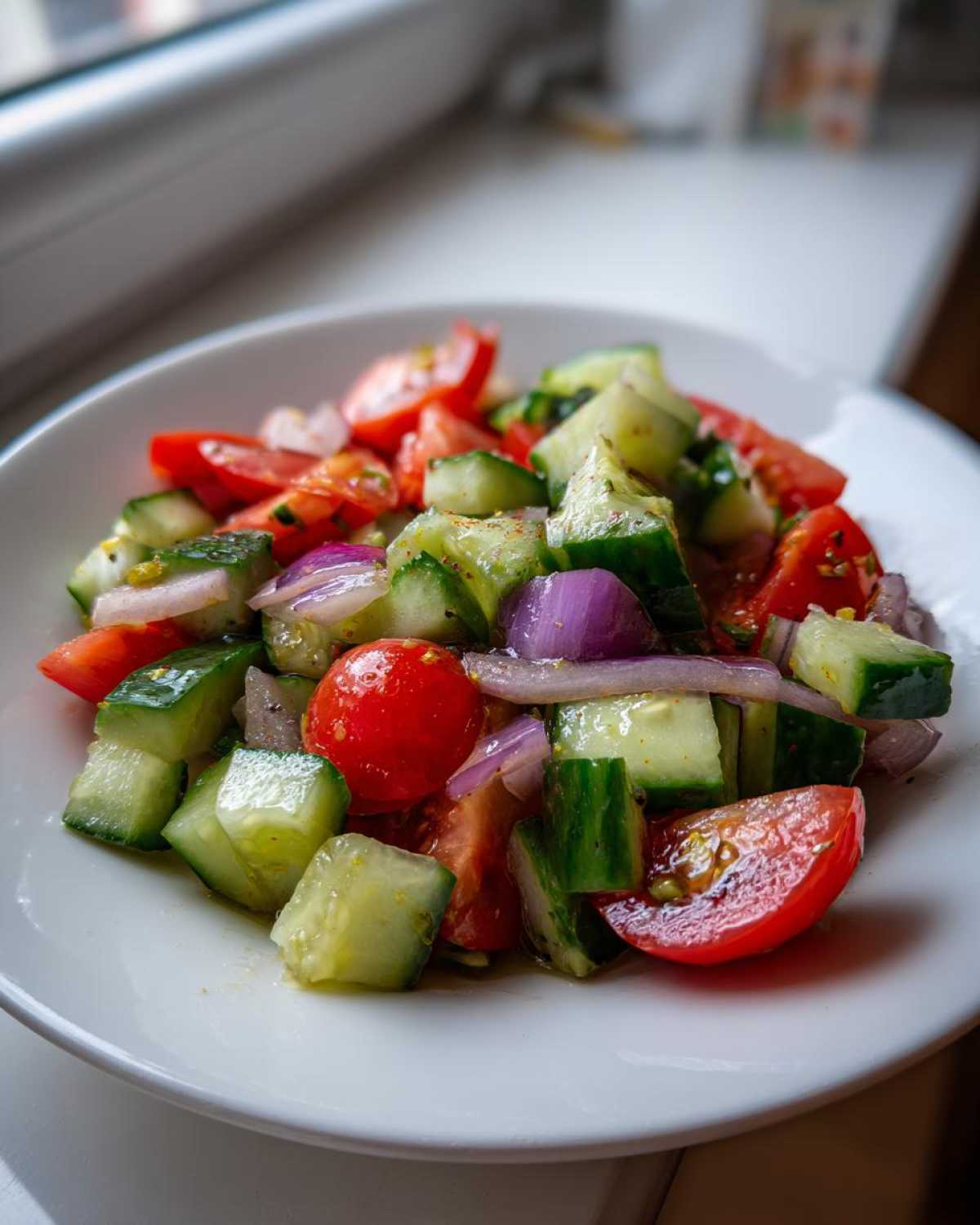 Close-up of a vibrant Cucumber Onion Tomato Salad featuring chopped cucumbers, red onion slices, and halved cherry tomatoes on a white plate.