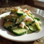 A mound of fresh Cucumber Salad with Crab Meat Seafood Feast featuring sliced cucumbers and shredded crab meat on a white plate.