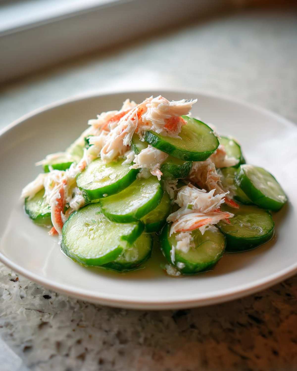 A serving of Cucumber Salad with Crab Meat Seafood Feast featuring sliced cucumbers topped with shredded crab meat on a white plate.