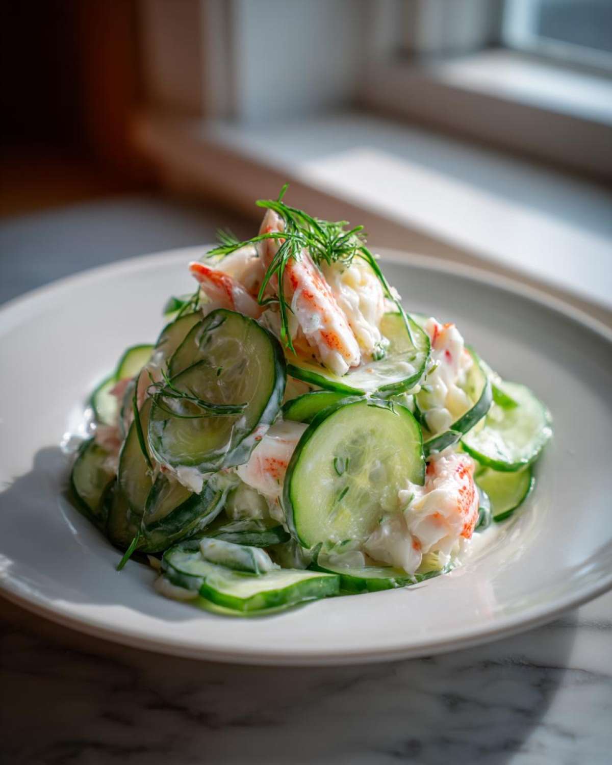 Close-up of a fresh Cucumber Salad with Crab Meat Seafood Feast, featuring sliced cucumbers and creamy crab meat topped with dill.