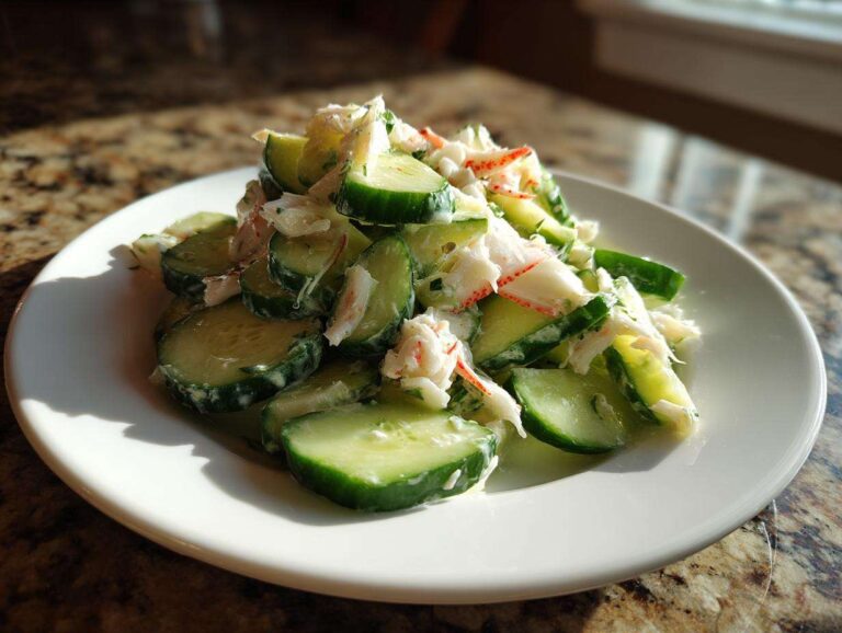 A mound of fresh Cucumber Salad with Crab Meat Seafood Feast featuring sliced cucumbers and shredded crab meat on a white plate.