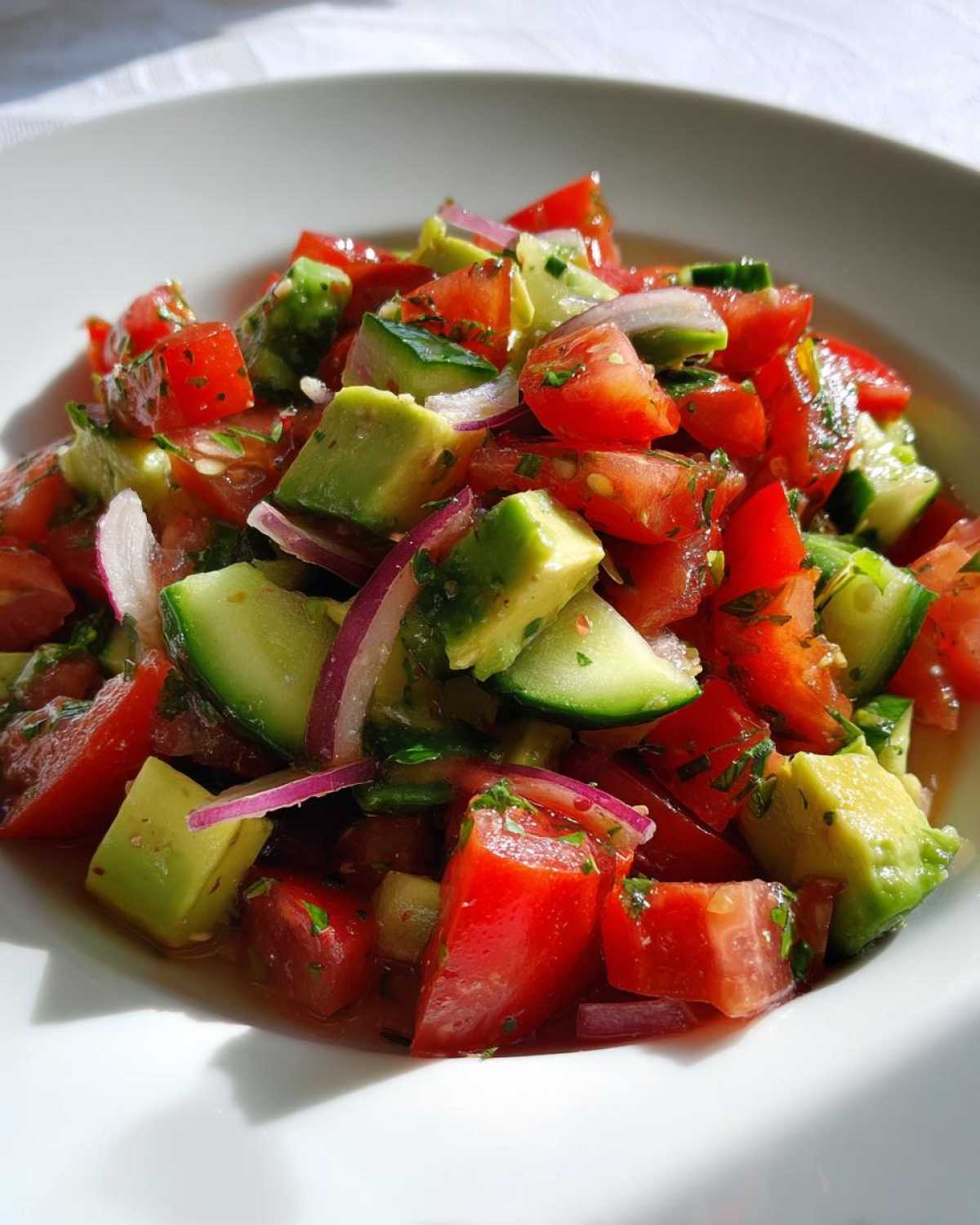 A close-up of the vibrant Cucumber Tomato Avocado Salad, featuring diced tomatoes, chunks of avocado, cucumber, and red onion.