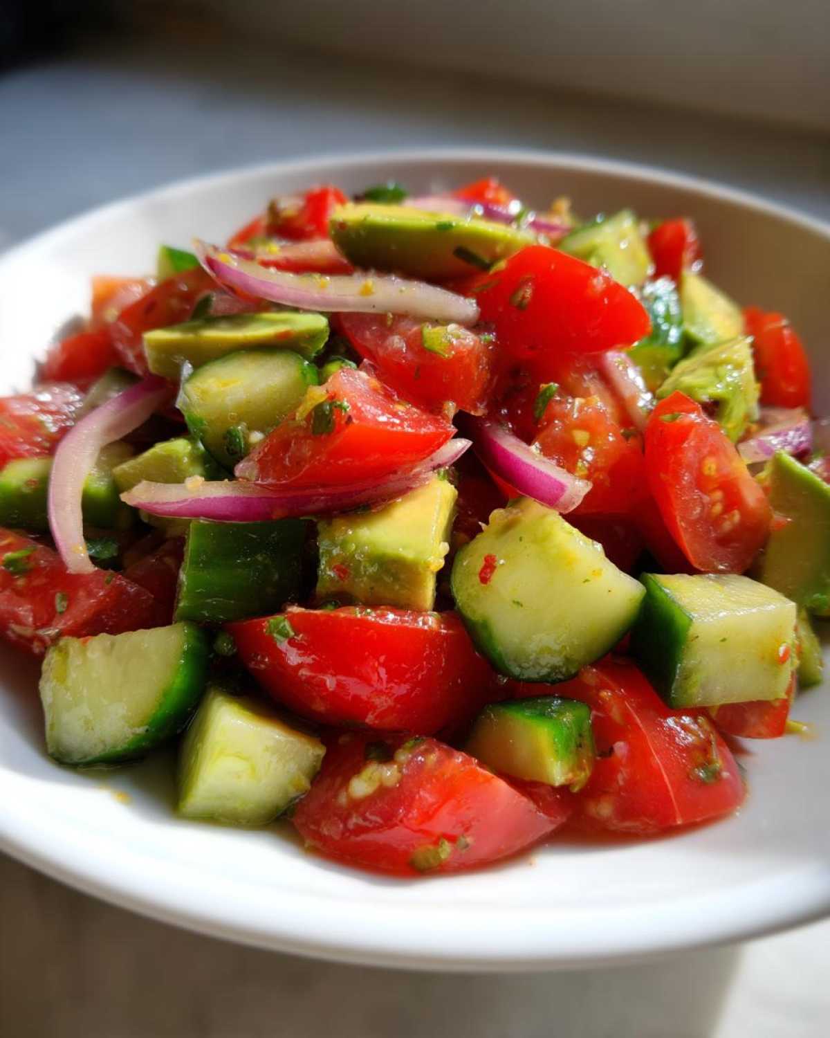 Close-up of vibrant Cucumber Tomato Avocado Salad featuring chunks of red tomato, green avocado, cucumber, and thin slices of red onion.