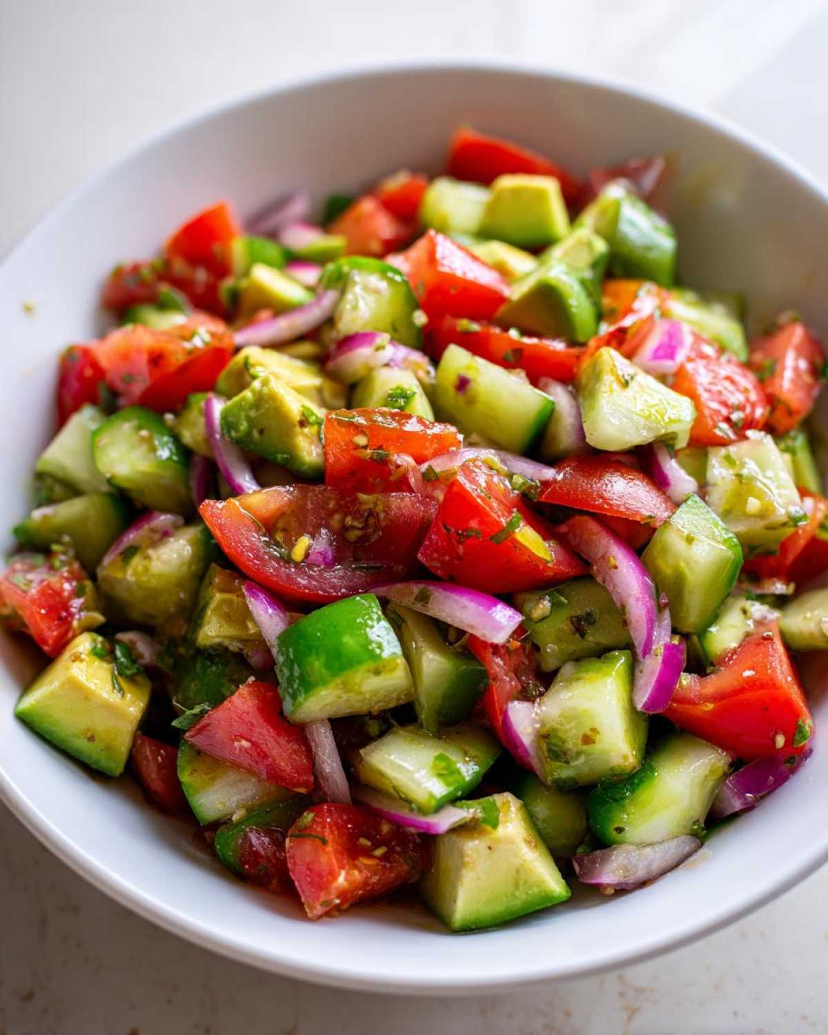 Vibrant close-up of fresh Cucumber Tomato Avocado Salad mixed with red onion in a white bowl.