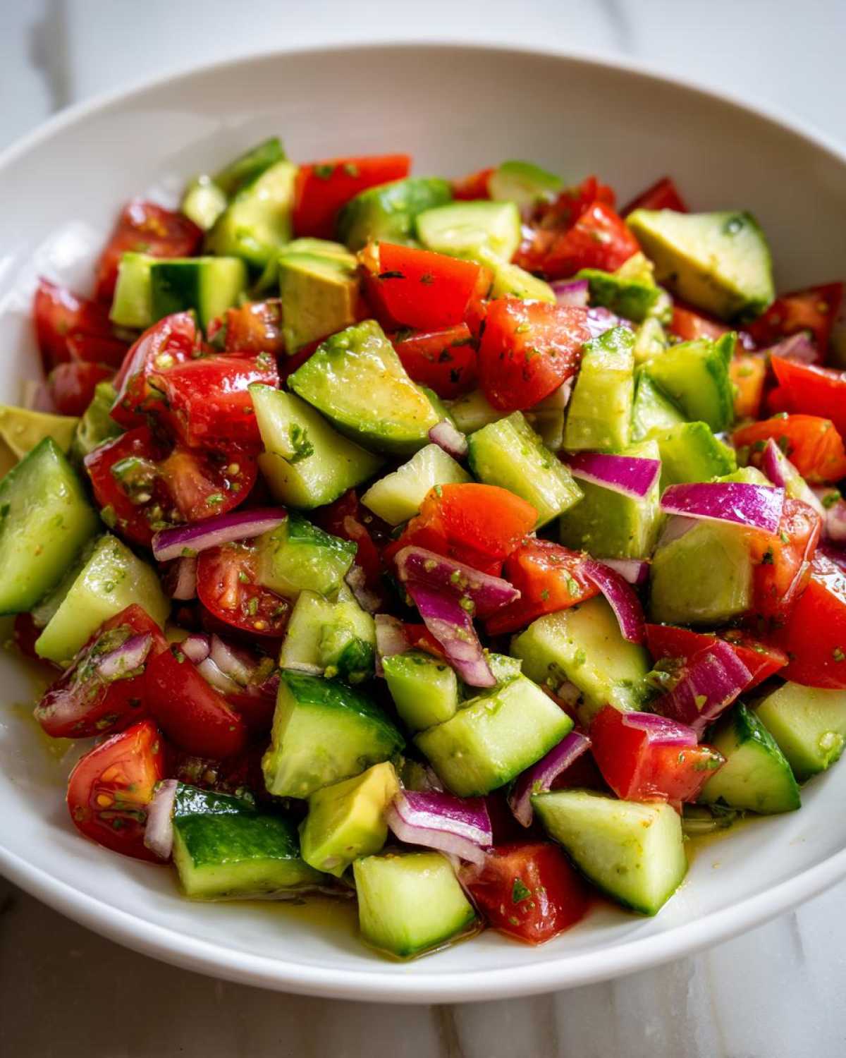 Close-up of fresh Cucumber Tomato Avocado Salad with red onion chunks tossed in a light vinaigrette in a white bowl.