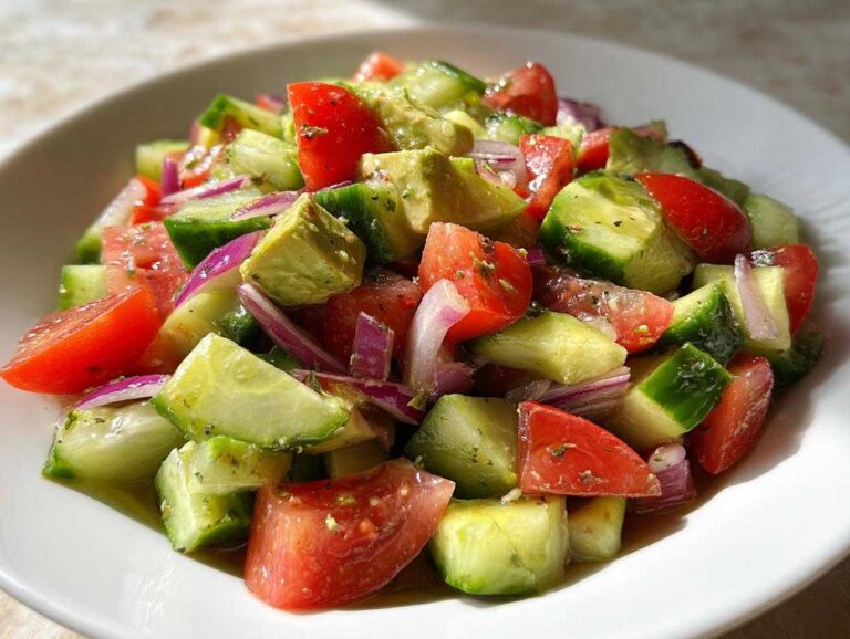 A vibrant close-up of the Cucumber Tomato Avocado Salad featuring chunks of cucumber, tomato, avocado, and red onion.