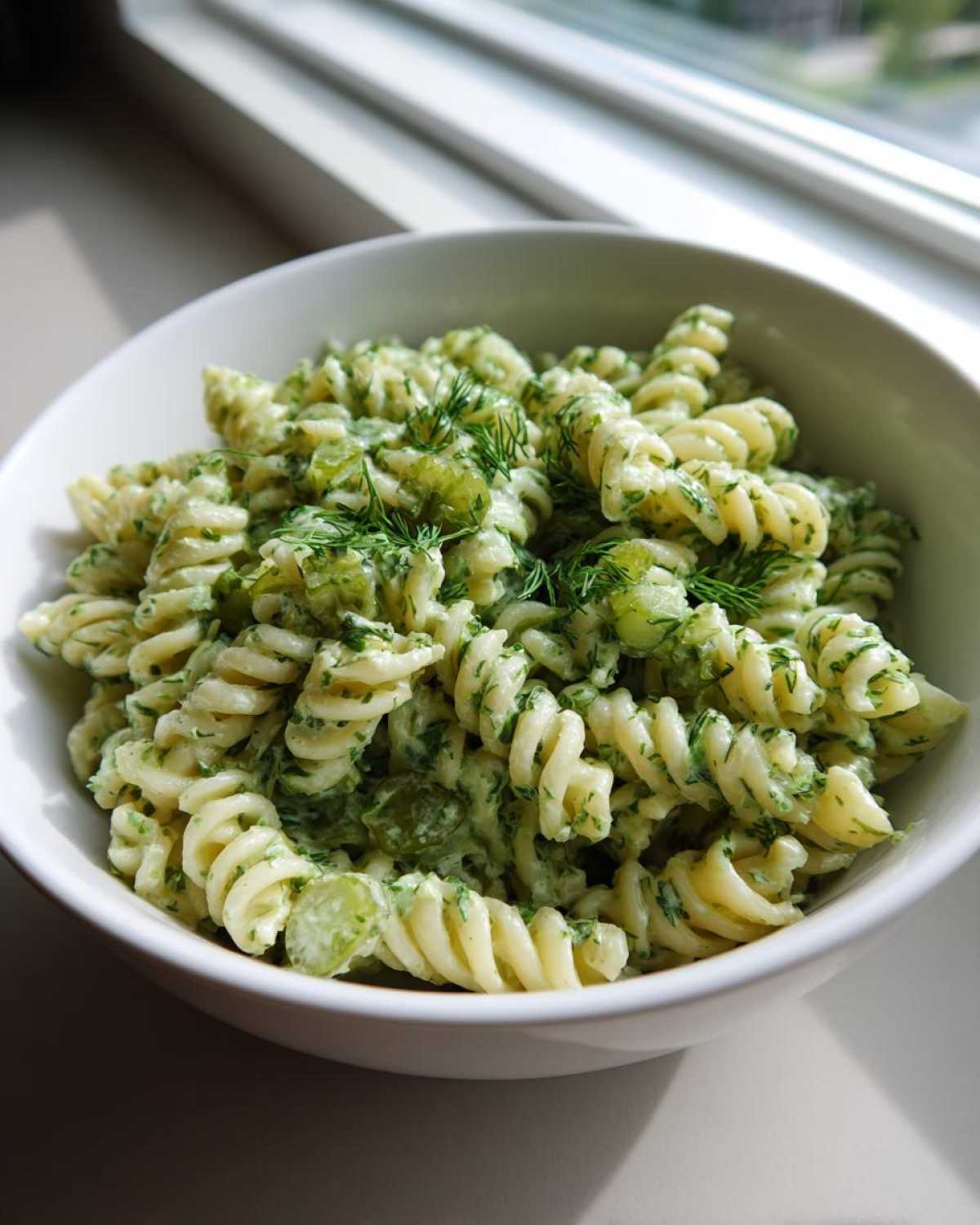 A white bowl filled with creamy Dill Pickle Pasta Salad, featuring fusilli pasta, chopped pickles, and fresh dill garnish.