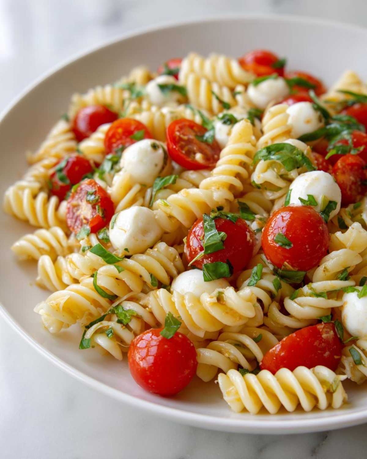 A close-up of Easy Caprese Pasta Salad featuring fusilli pasta, cherry tomatoes, mozzarella balls, and fresh basil.