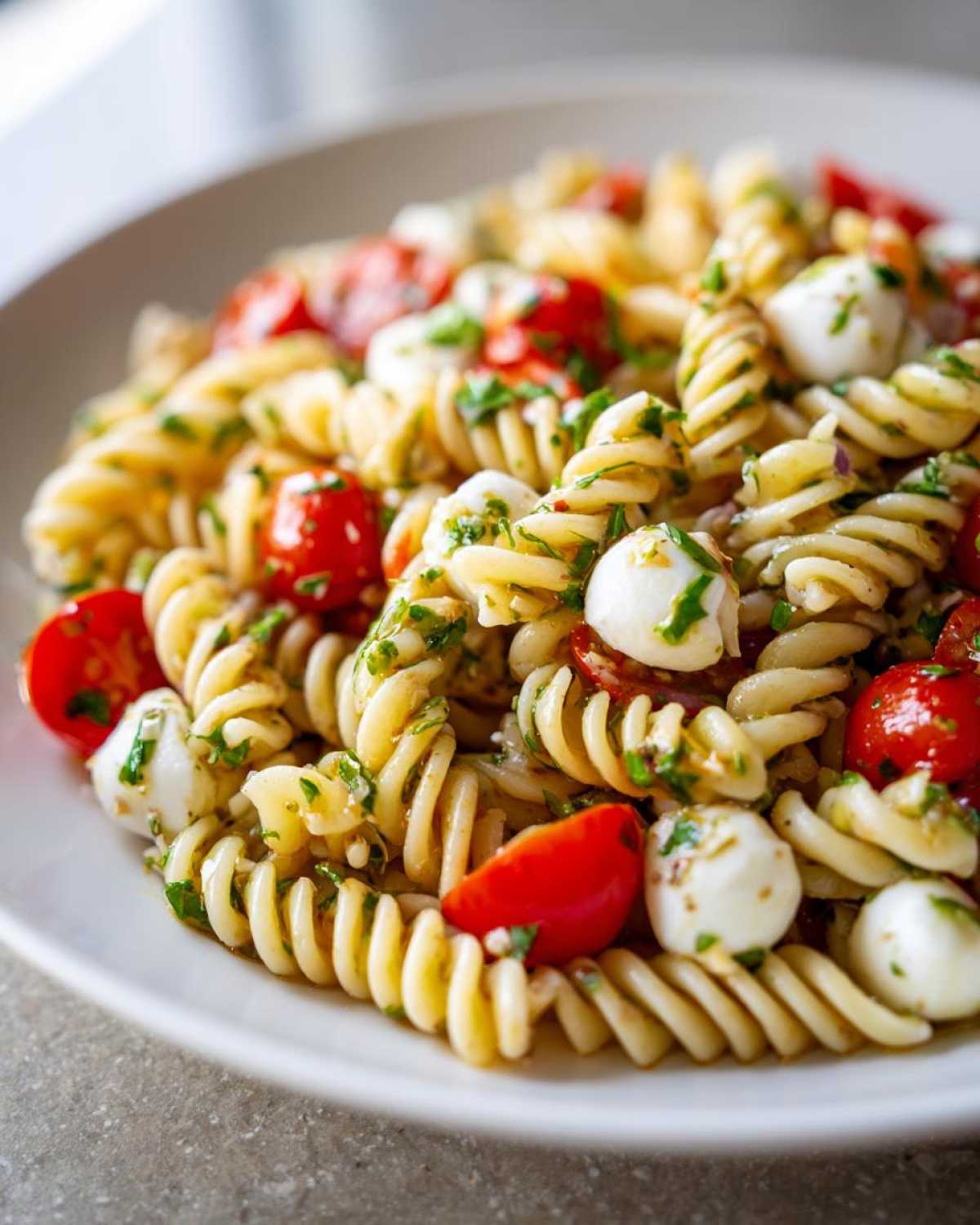 A close-up of Easy Caprese Pasta Salad featuring rotini pasta, cherry tomatoes, and small mozzarella balls tossed in dressing.