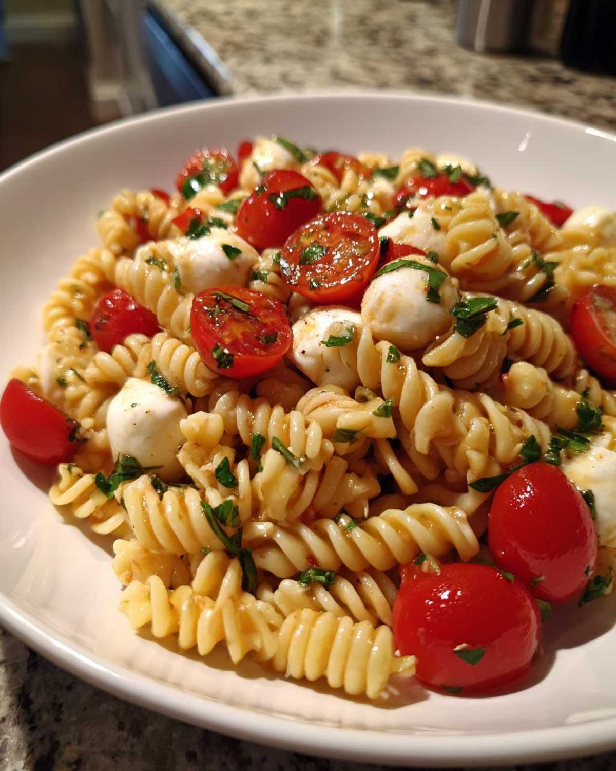 A close-up of Easy Caprese Pasta Salad featuring rotini pasta, cherry tomatoes, and mozzarella balls garnished with herbs.