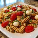 A close-up of Easy Caprese Pasta Salad featuring rotini pasta, cherry tomatoes, and mozzarella balls on a white plate.