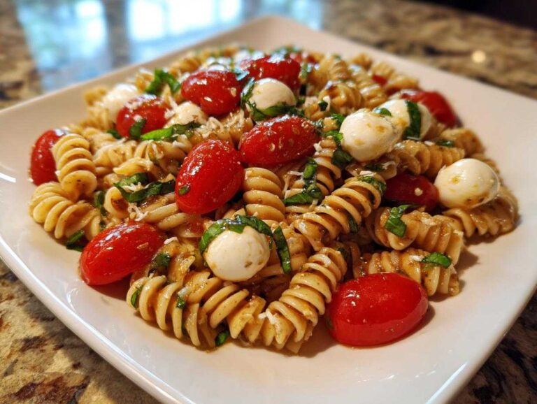 Amazing 15-Minute Easy Caprese Pasta Salad A close-up of Easy Caprese Pasta Salad featuring rotini pasta, cherry tomatoes, and mozzarella balls on a white plate.