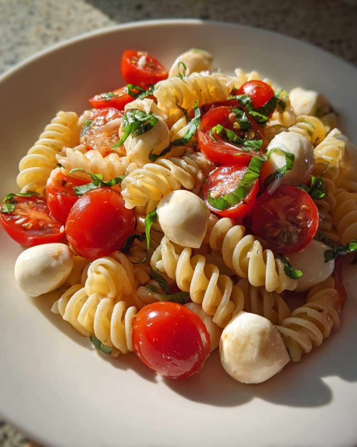 A close-up of Easy Caprese Pasta Salad featuring rotini pasta, cherry tomatoes, mozzarella balls, and fresh basil.