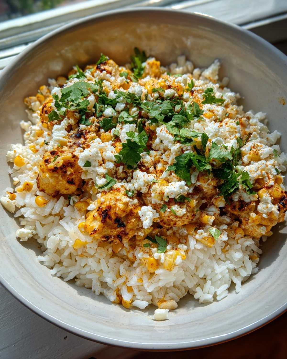 A close-up of the Easy Street Corn Chicken Rice Bowl topped with crumbled cheese and cilantro.