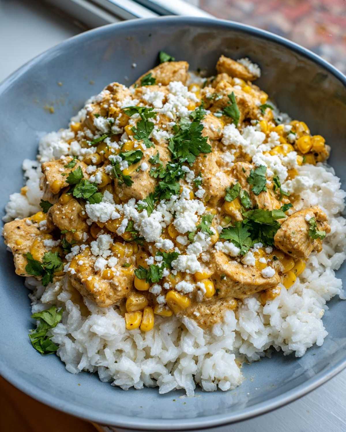 Close-up of an Easy Street Corn Chicken Rice Bowl with creamy chicken, corn, cotija cheese, and cilantro.
