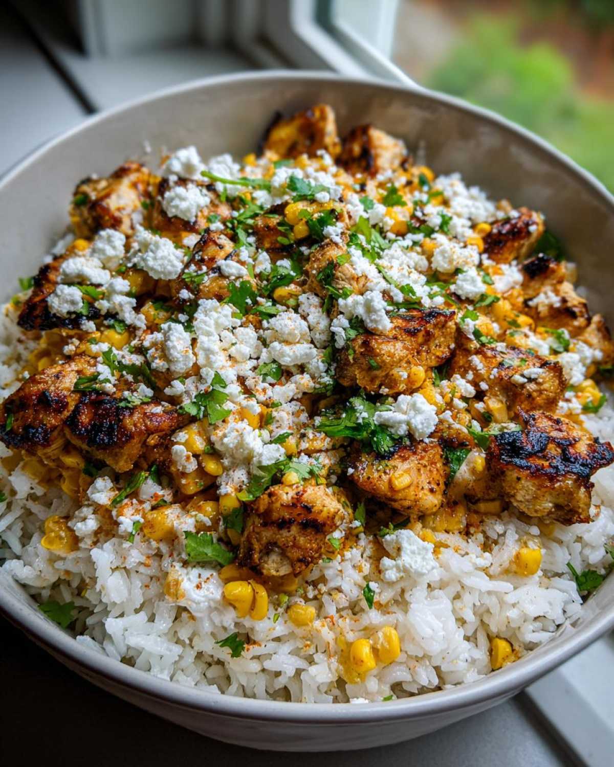 Close-up of an Easy Street Corn Chicken Rice Bowl topped with crumbled cheese and cilantro.