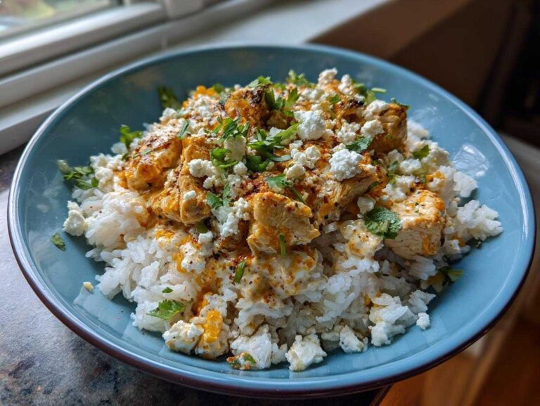 A close-up of the Easy Street Corn Chicken Rice Bowl featuring seasoned chicken pieces over white rice, topped with cotija cheese and cilantro.