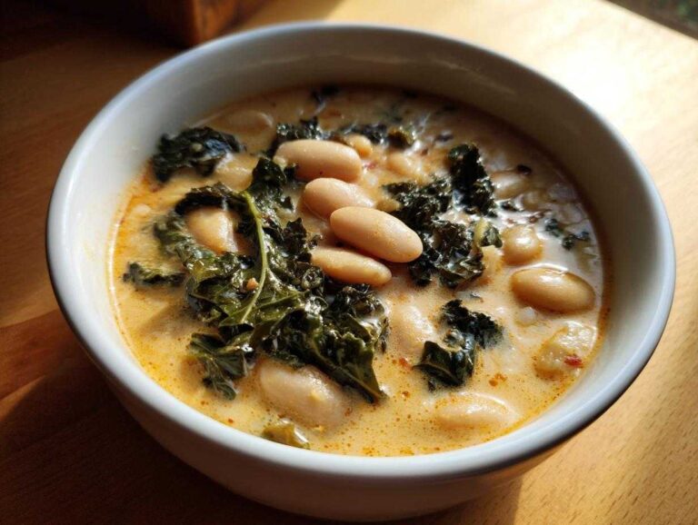 Close-up of a bowl of Easy Tuscan White Bean Soup featuring white beans and dark green kale in a creamy broth.
