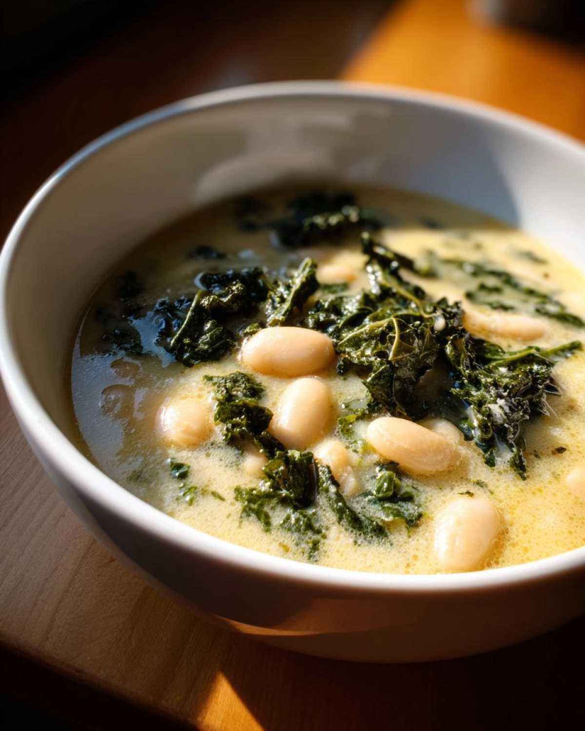 Close-up of a bowl of Easy Tuscan White Bean Soup featuring creamy broth, white beans, and dark green kale.