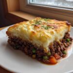 A thick slice of homemade cottage pie with browned mashed potato topping served on a white plate.