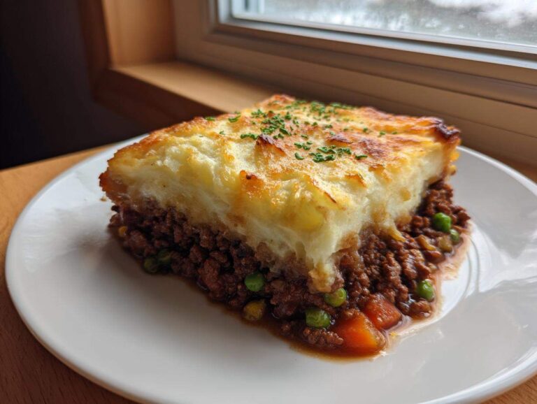 A thick slice of homemade cottage pie with browned mashed potato topping served on a white plate.