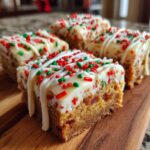 Four squares of delicious cranberry bliss bars topped with white frosting, red and green sprinkles, and white chocolate drizzle.