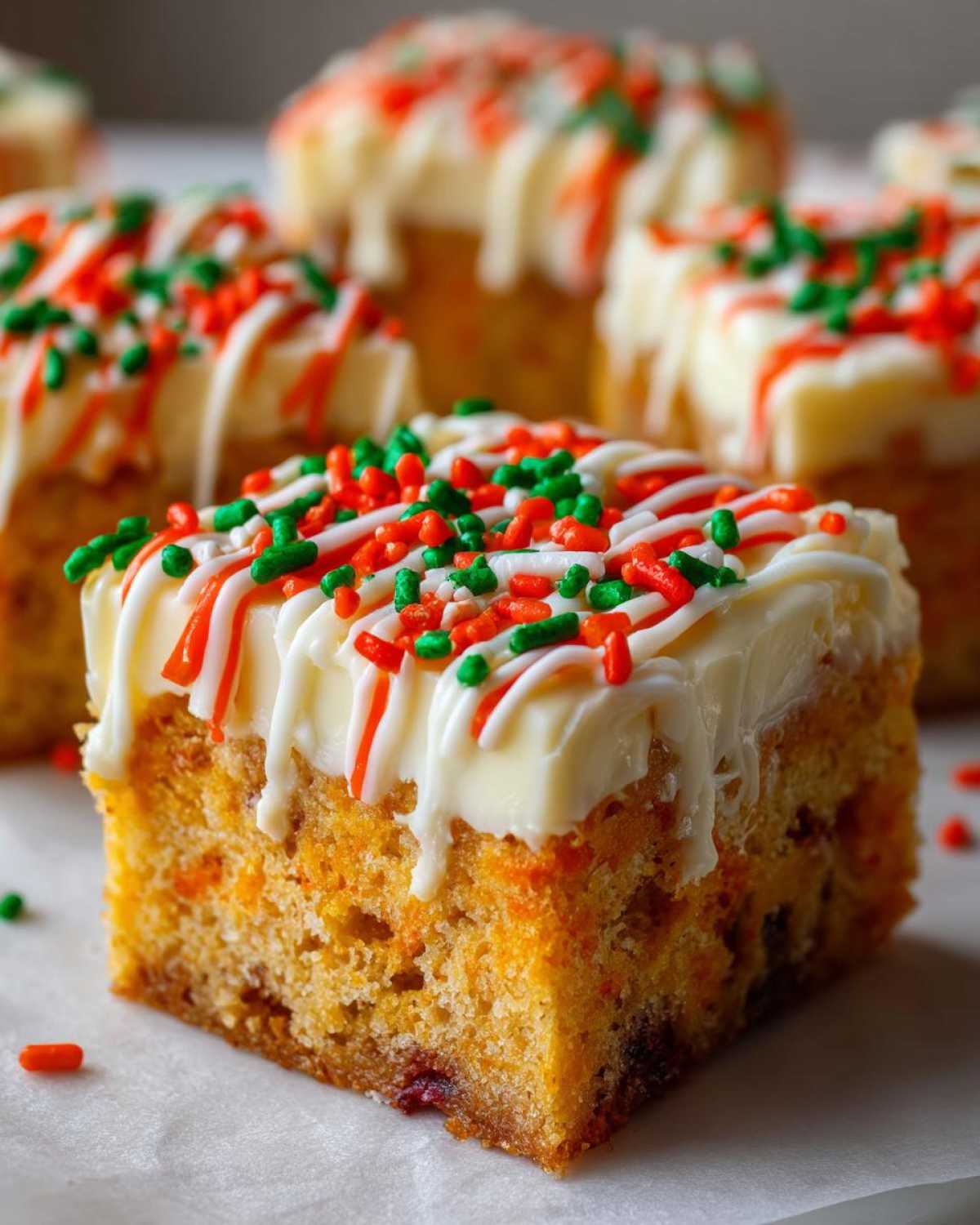 A close-up of a square cranberry bliss bar topped with white frosting, orange drizzle, and red and green holiday sprinkles.